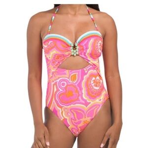 TRINA TURK Cutout Bandeau Pink OnePiece High Leg Morning Sunrise Swimsuit size 6